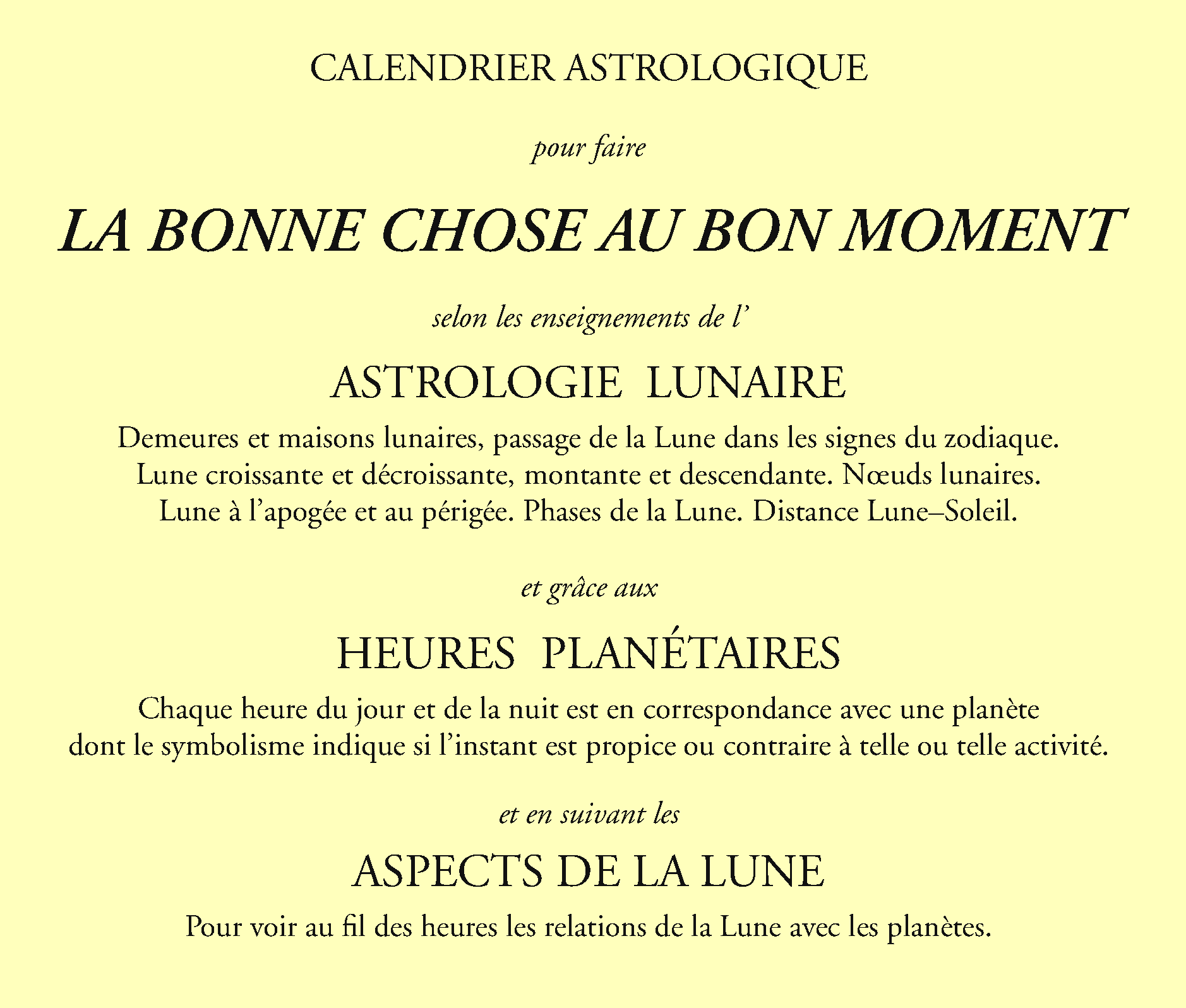 couverture du calendrier avec heures planétaires et aspects de la Lune, format carré, édition 2024